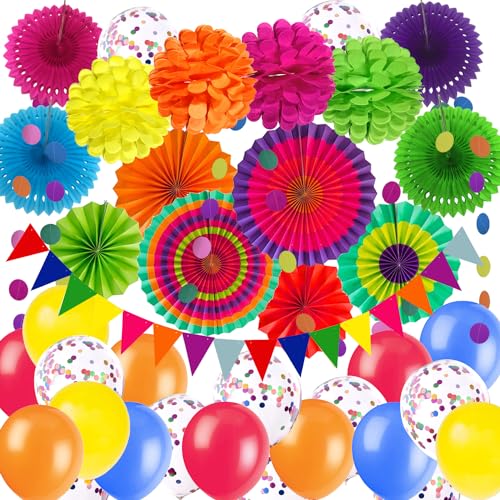 ZERODECO Décoration de fête, ballons à confettis multicolores en papier, pompons, éventails, fanions triangulaires et guirlande à suspendre, accessoires...