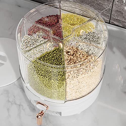Dispensador de Arroz, Dispensador Giratorio de Alimentos Secos, Contenedor de Almacenamiento de Granos de Cocina de Plá PP con Soporte de 6 Compartimentos para Arroz y (L)