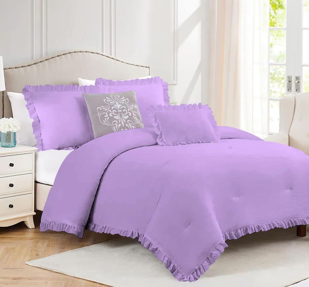 Tony's Textiles 5 Piece Luxury Vintage Ruffle Pattern Comforter Set Premium Super Soft 400 GSM All Season | 1000 Thread Count | 100% Egyptian Cotton - Oversized Super King Size Lilac Color