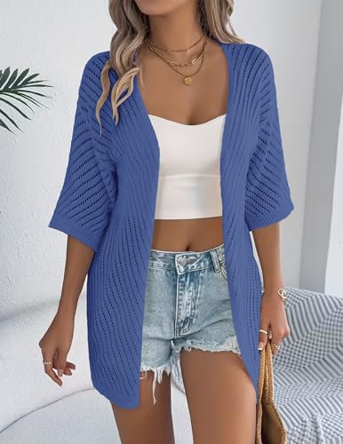 Image of Zeagoo Lightweight Summer Cardigan for Women Short Sleeve V Neck Crochet Kimonos Loose Open Front Hollow Out Cover Ups