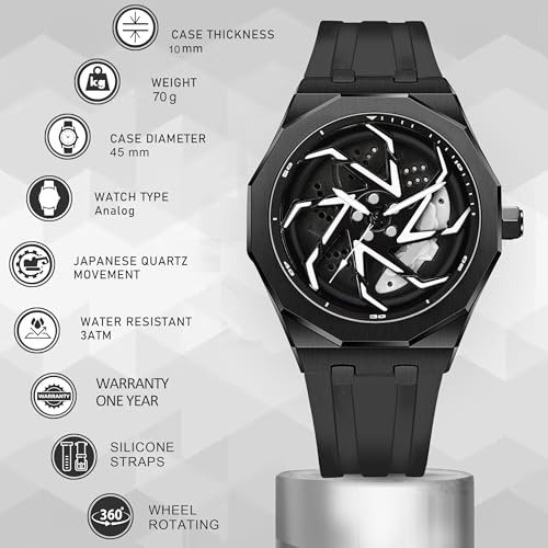 Image of IIK COLLECTION Men's Car Wheel Watch with Spinning Car Rim Hub Design with Silicon Strap|| Analog | Quartz Movement|| Water Resistant, Scratch Resistant