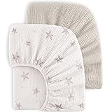 Bearmoss Muslin Crib Sheets - 100% Cotton Baby Crib Sheets Fitted for Standard Crib Mattress & Toddler Bed Mattress 52'x28' Soft Breathable Crib Sheet Neutral for Boys Girls - 2 Pack (White Star)
