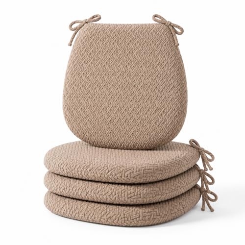 Premium Memory Foam Chair Cushions Set of 4 for Dining Chairs, Ergonomic Seat Cushions with 3D Jacquard Washable Cover, Non-Slip D-Shaped Kitchen Chair Pads with Ties, 16"×16"×1.8" (4, Light Coffee) - image 1