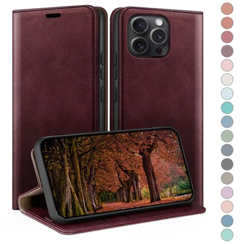 Coque iPhone 13 Pro Max cuir etui rabat rouge HUOUH