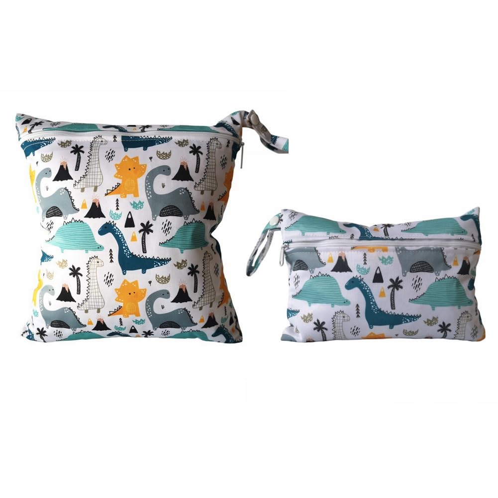 shouzhigo 2Pcs Baby Nappy Bag Wet Dry Cloth Bags Washable Cloth Diaper Bags with Zipper Pockets for Baby Swimming Gym Beach Bag (Dinosaur)