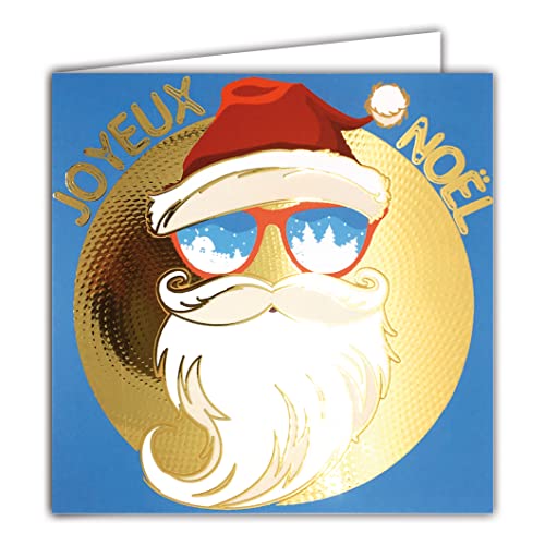 AFIE 23019 Carte Carrée en Or Doré Brillant Père Noël Joyeux Hipster Lunettes Barbe Moustache Bonnet Chapeau Fêtes de fin d'année - Avec Enveloppe Blanche