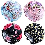 Yoosit Paquete de 4 gorros de ducha de satén reutilizables impermeables de doble capa con gorras de baño ajustables para el pelo de goma EVA, gorros de baño elásticos para mujeres y niñas (paquete de