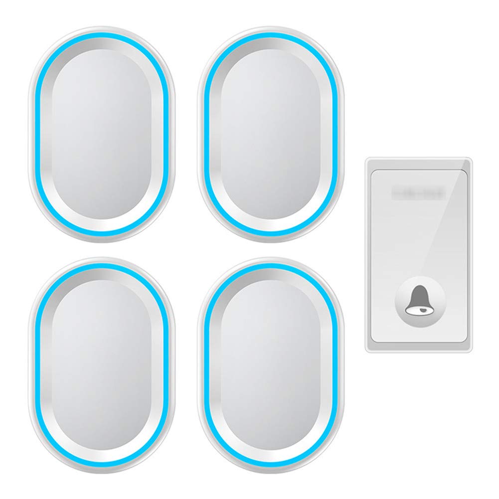 Sonnette sans fil, carillon de porte étanche IP44, 1 bouton poussoir et 4 récepteurs enfichables avec lumière flash bleue, 4 niveaux de volume réglables, 58 mélodies, convient pour la maison, (2