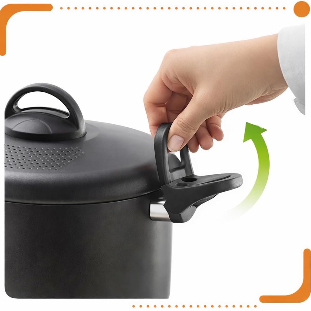 BAKAJI Olla Scolì de 22 cm con colador integrado y asas móviles y ergonómicas, olla antiadherente de aluminio con asas de bloqueo, segura y práctica, ideal para pasta, espaguetis