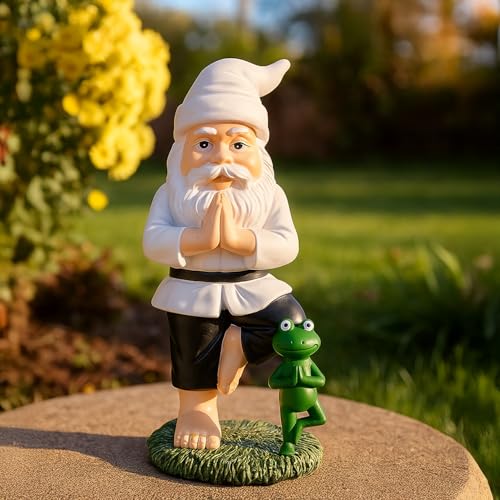 BRUBAKER Gartenzwerg Yoga Übung Baum Zwerg mit Frosch - Gartenfigur Sport Figur Vrksasana - Zen Dekoration Wetterfest für Garten Campingplatz - Gartendeko Lustig Weiß für außen - 24 cm groß