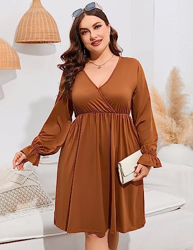 Image of ShopWonder Plus Size Dress Women's V Neck A-Line Knee Length Wrap Swing Dresses Plus Size A Line Party Mini Dress