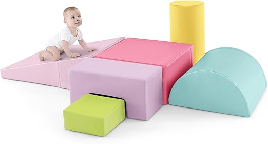 Costzon Toddler Climbing Toys, 6 Pieces Climb and Crawl Playset with PU Cover for Baby Crawling, Climbing & Walking, Indoor Foam Climbing Blocks for Toddlers 1-3, Light Pink
