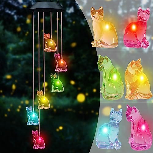 UXORSN Cat Solar Wind Chimes for Outside Colors Changing Waterproof Decorative Lights Gifts for Mom Solar Powered Mobile Hanging Wind Chime for Garden Patio Party Yard Window Indoor Outdoor Decor