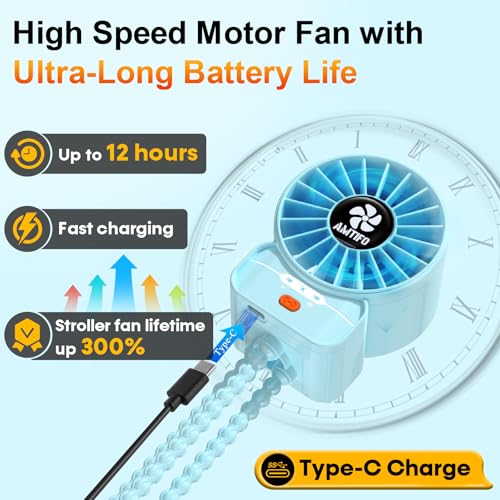 Image of AMTIFO Blue Baby Fan - USB Rechargeable, Quiet, Adjustable Speed, Portable Cooling Fan for Baby Stroller, Car Seats, Nurseries, and Outdoor Activities - Long Battery Life, Turbo Airflow