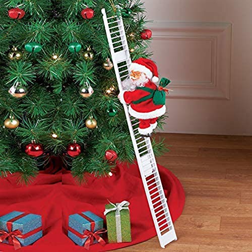Electric Santa Climbing Ladder to Tree, Climbing Up and Down Santa Claus on Ladder with Music and Bag of Presents Tree Holiday Party Home Door Wall Decoration Xmas Ornament Toys Gift