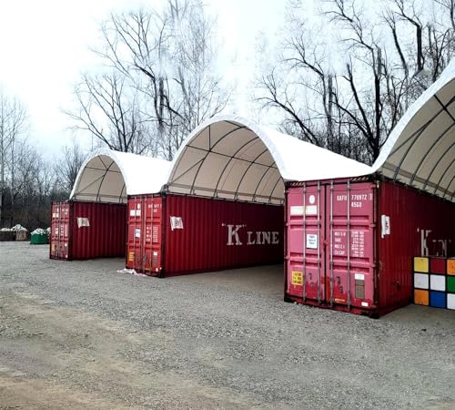 Shipping Container Canopy Shelter Kit - 40\'(L) x 40\'(W) 21 Oz 610 GSM PVC White Cover Storage Container Roof with Back End Wall - Snow, UV and Weather-Resistant