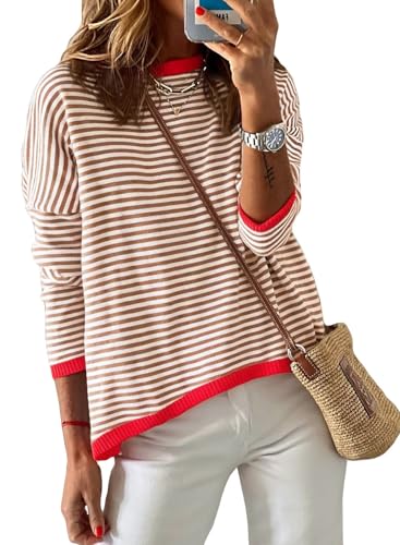 Image of Dokotoo Women's Long Sleeve Sweaters Casual Crewneck Fashion Fall Striped Color Block Shirts High Low Pullover Sweater Tops