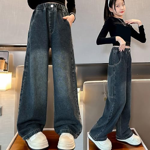Girls Baggy Jeans Straight Wide Leg Elastic Waist Denim Pants Kids Boyfriends Fall Trendy Trousers with Pockets4
