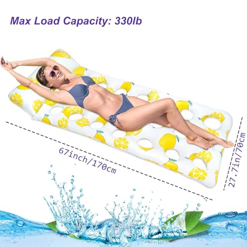 Image of Inflatable Lounger for Adults & Kids, Stylish Citrus Design with Cooling Hole, Floating Air Mattress for Swimming Pool, Beach & Summer Relaxation, Yellow
