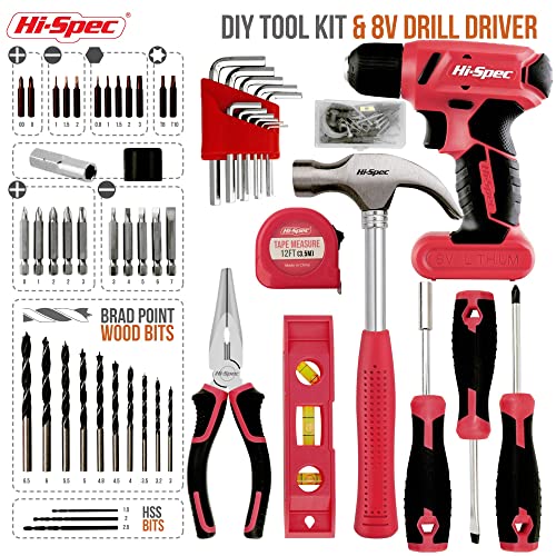 Hi-Spec 57pc Red 8V Electric Drill Set & Household Kit – DIY Hand Tools, Cordless Power Screwdriver, Essential Set with Drill Bits for Home Repairs, Maintenance & Projects - Image 2