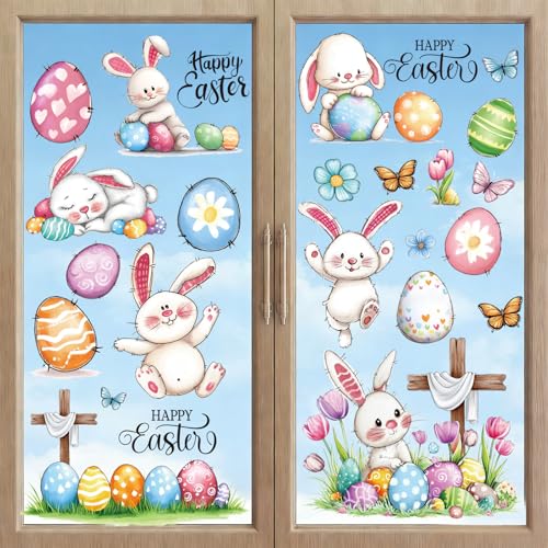 Afritee Fensterbilder Ostern Selbstklebend Deko, 9 Blätter Osterdeko Fenster Frühling Osterfenster Bilder Osterfensterbilder, Ostereier Hasen Blumen Osteraufkleber Fensterbilder