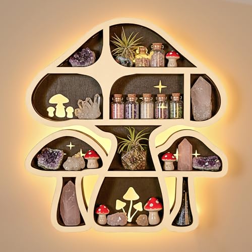 Image of Mushroom Decor Cute Mushroom Floating Shelves, Whimsy Crystal Shelf Display for Wall, Rock Gem Stone Storage Organizer, Trinkets Holder, Knick Knack LED Shelf, Mushroom Item, Meditation Spiritual Gift