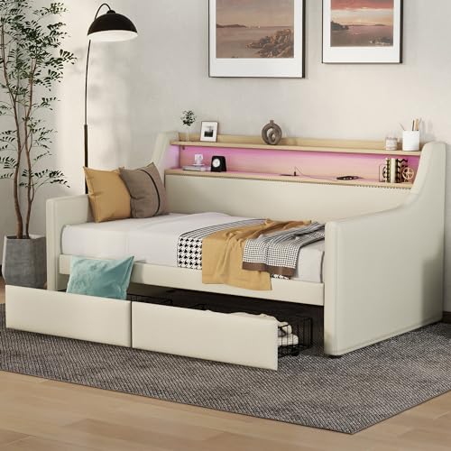 Bellemave Twin Size Daybed with Drawers, Upholstery Day Bed with LED Light ＆ Charging Station...