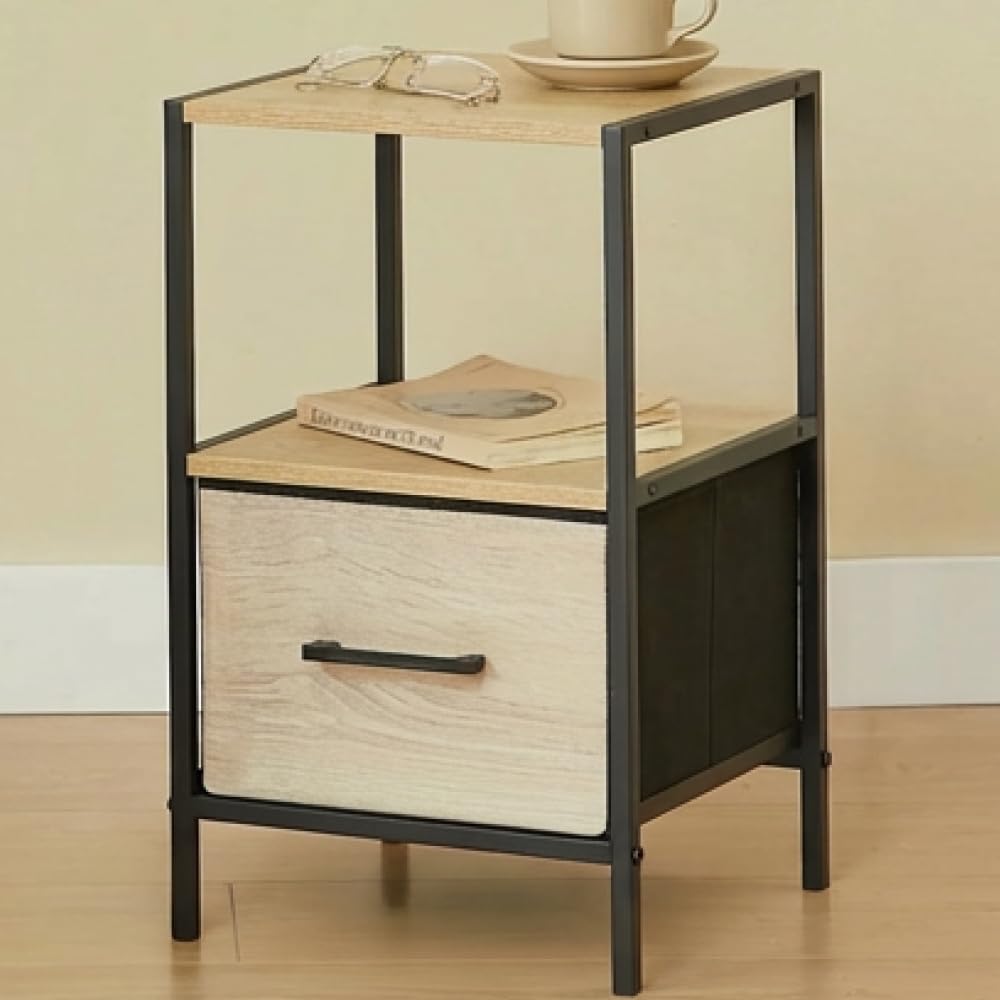 CASABEL Mesita de Noche con cajón de Tela rígida Efecto Madera, Tablero de Madera y Estructura metálica Negra 30x30x50 cm, mesilla de Noche para Dormitorio o Mesa Auxiliar de sofá