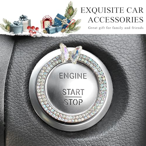 Image of DXNQ 2PCS Bling Ring Emblem, Sparkling Butterfly Car Buttons and Knobs Ring, Girly Butterfly Diamond Car Engine Start Button Cover, Key Ignition Knob Rings Decoration for Women (AB, Double Row)