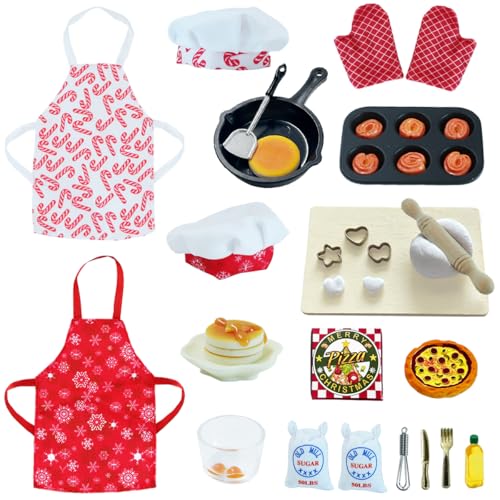 CAILESS Christmas Elf Accessories - 28Pcs Elf Doll Cooking Accessories Include Baker Outfit Mini Baking Props for Elf Dollhouse, Xmas Elf Clothes and Accessories Gift for Kids