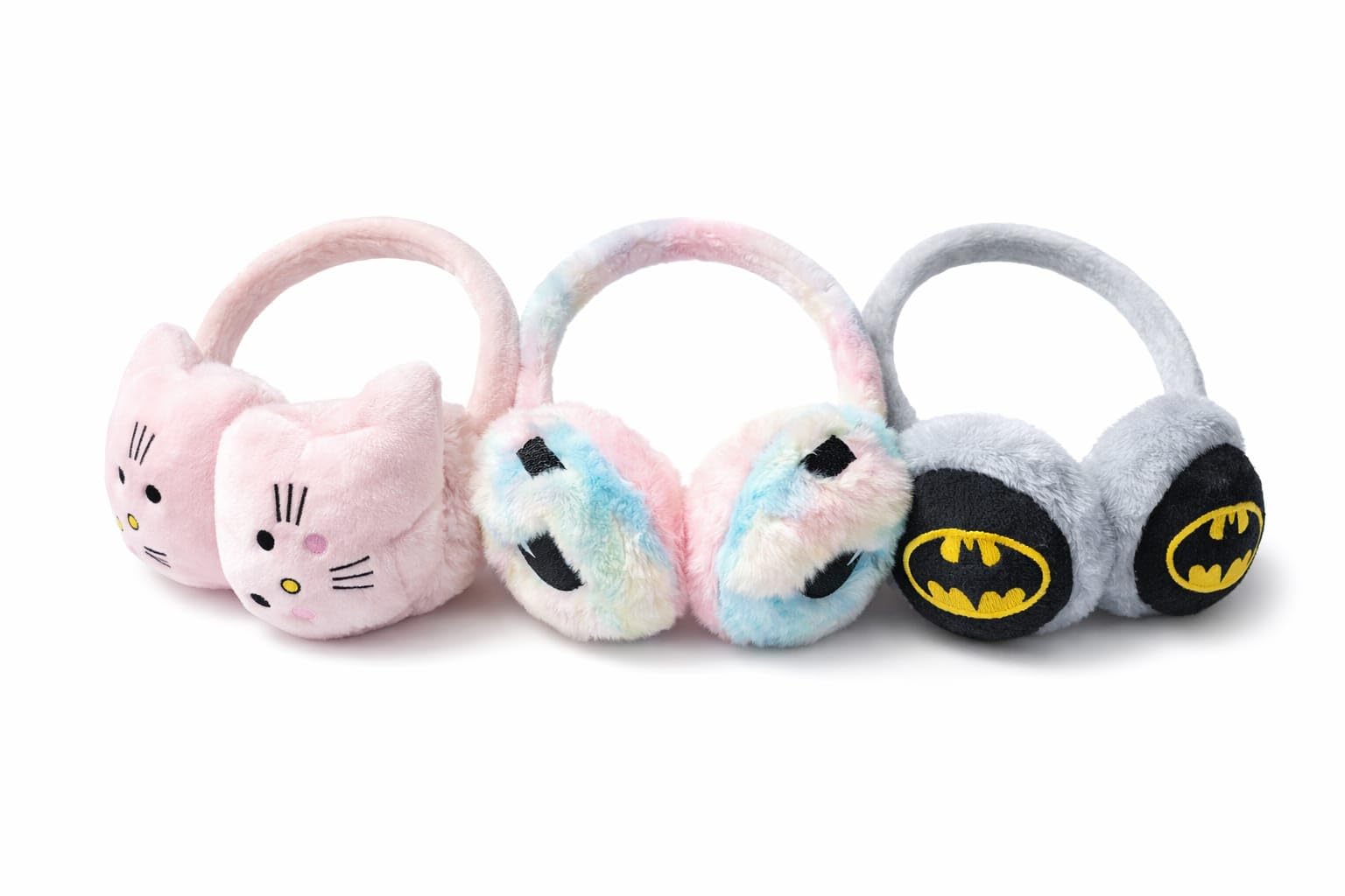 Plush Ear Muffs Set, Winter Ear Warmers with Character Designs, Pink Cat, Tie-Dye, Batman, 3 Pack