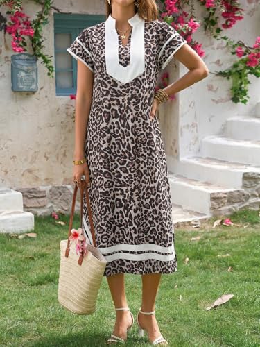 Image of Wenrine Womens Summer Floral Maxi Dress Casual Short Cap Sleeve V Neck Color Block Side Slit Loose Boho Beach Dresses