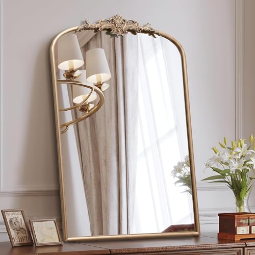 Besdomus Large Antique Wall Mirror: 24"x36" Arched Champagne Gold Vintage