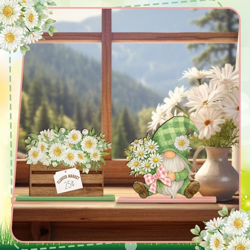 Image of Yuntau 6 Pcs Spring Daisy Table Decorations Spring Table Centerpiece Tiered Tray Decor Farmhouse Daisy Floral Gnome Wreath Tabletop Sign for Office Home Desk Shelf