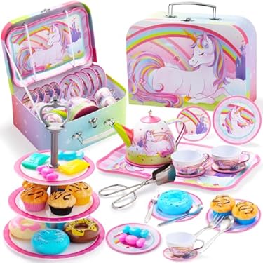 AMAZON - JOYIN 35Pcs Unicorn Tea Party Set for Little Girls, Pretend Tin Teapot Set, Princess Tea Time Play Kitchen Toy with Dessert, Doughnut, Carrying Case for Birthday Easter Gifts Kids Toddlers Age 3 4 5 6