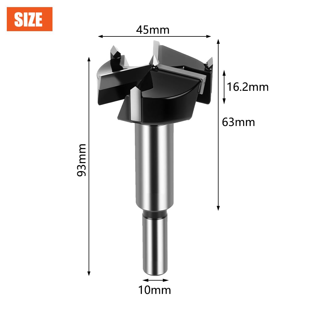 Flintronic Forstner Drill Bit, 45mm Triple-Flute Carbide Steel Boring Hole Saw, Tipped Forstner Bit Hole Cutter - Image 2
