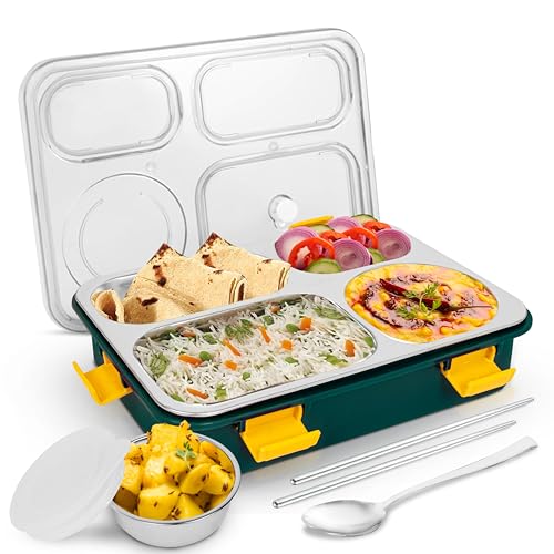 Image of TEKCOOL Lunch Box for Adults - Lunch Box for Kids with Spoon & Fork - Stainless Steel Lunch Box with 4 Compartment - Durable Perfect Size for On-The-Go Meal, BPA-Free