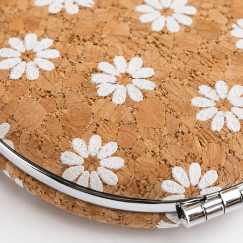 Image of Floral Cork Compact Mirror for Women | Portable Pocket Makeup Mirror with Dual Mirror | Travel Friendly Folding Vanity Mirror for Purse & Handbag