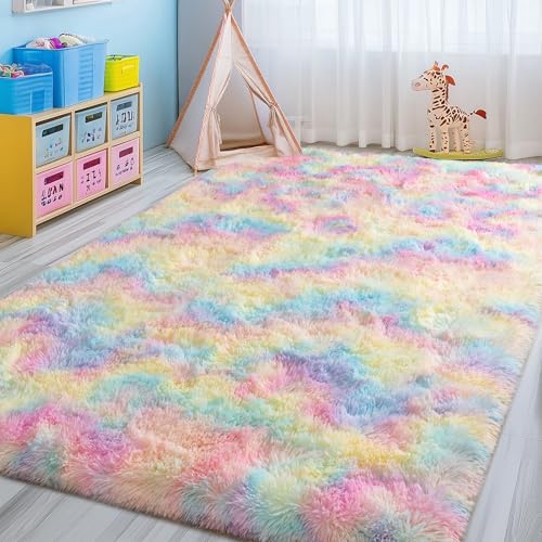 Fluffy Colorful Rainbow Rug 5 x 7, Plush Area Rugs for Bedroom Living Room, Large Fuzzy Carpet for Girls Kids Nursery Room Dorm, Non-Slip & Soft Shag Rug for Home Decor