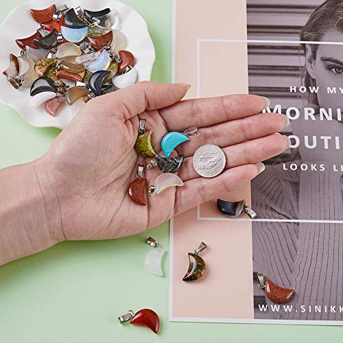 FASHEWELRY 50Pcs Crescent Moon Shaped Mixed Stone Pendants Healing Crystal Quartz Chakra Reiki Gemstone Charms for Necklace Jewelry Making Hole: 2x7mm