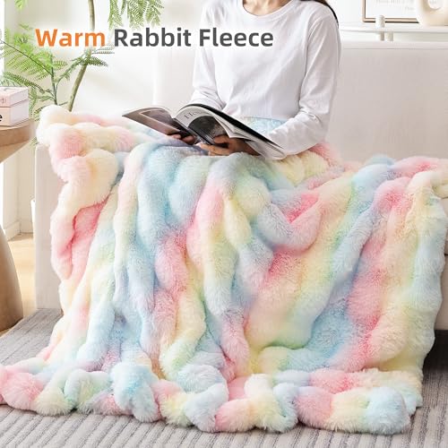 Smoofy Faux Fur Throw Blanket for Couch Rabbit Fleece - Rainbow Fluffy Blanket for Sofa Bedroom Living Room, Cozy Soft Plush Luxury Thick Winter Fuzzy Comfy Bubble Blanket - 50" x 60"