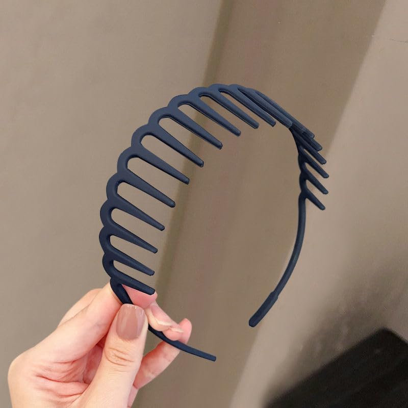 Image of VedicBloo 4 Pcs Shark Tooth Resin Hairband, Non-Slip Adjustable Wavy Hair Hoop, Fashion Sports Yoga Headband for Women Girls, Black & Navy Blue, 2 Pcs Each Color