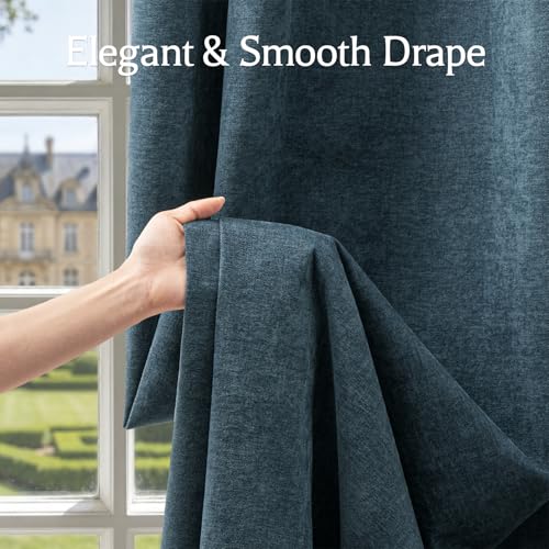 Image of 100% Blackout Curtains for Bedroom, Luxury Chenille Thermal Insulated Drapes for Living Room, Energy Saving Room Darkening 84 Inch Long Curtains, Grommet Top, 2 Panels, 52 inch W x 84 inch L, Blue