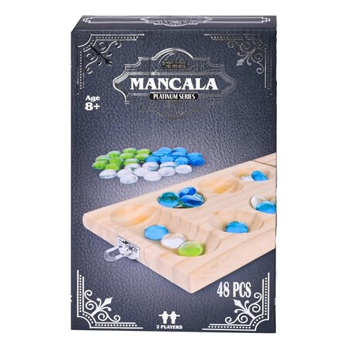 Elbow Room Games Mancala Set, Folding Wooden Board with 48 Glass Stones in Blue, Green, and White, Portable Travel Design, Classic Strategy Game for 2 Players - image 6
