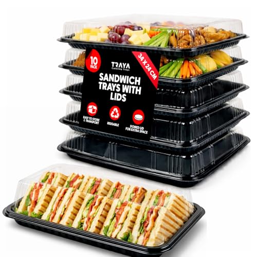TRAYA Pack of 10 Serving Tray with lid - Reusable Catering Trays with Lids 13'' Long for Meal Prep, Cakes, Treats and Sandwiches (13 * 2.7 * 9.4inch)