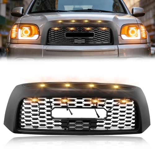 VIGMOTIX Upgraded Matte Black Front Grille for 2007 2008 2009 Tundra, with 8 Amber Grill Lights, Tundra Grille Front Upper Hollow Bumper Grill