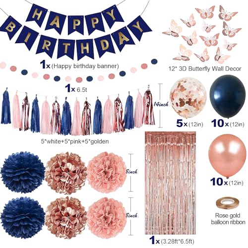 Rose Gold and Navy Blue Birthday Party Decorations for Women with Happy Birthday Banner,Curtains, Butterfly Wall,Circle Dots Garland,Tissue Pompoms,Paper Tassels Garland Birthday for Her (blue) - Image 4