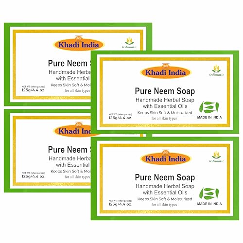 Image of Khadi 100% Pure & Natural Khadi Natural Pure Neem Soap | Herbal Bathing Soap for Acne | Natural Soap with Essential Oils | Suitable for All Skin Types, Pack of 4
