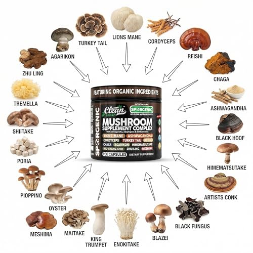 Organic Mushroom Supplement | Ashwagandha Lions Mane Cordyceps Turkey Tail Reishi Mushrooms Maca Root Black Hoof Chaga Tremella Agarikon Shiitake Oyster Powder Capsules Sporgenic By Clean Nutra (1) - Image 5