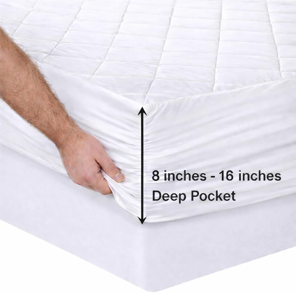 Queen Size Quilted Fitted Mattress Pad, Elastic Fitted Mattress Topper Protector and Cover with Deep Pocket Stretches up to 18 Inches, Soft & Machine Washable
